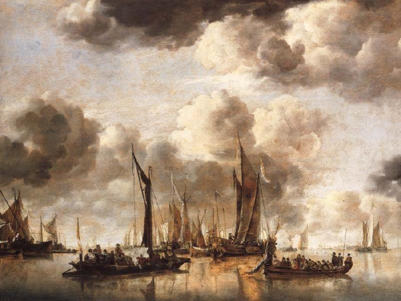 Jan van de Cappelle A Dutch Yacht Firing a Salute as a Barge Pulls Away and Many Small vessels at Anchor France oil painting art